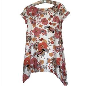 Original One of a kind Handmade Floral Cap  Sleeve Linen cotton Tunic Dress M